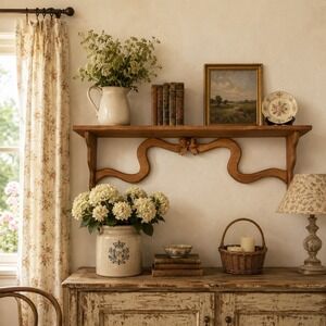 Vintage Hand Carved Bow Ribbon Wall Shelf 39" Pine French Country Cottage